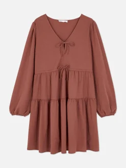 Femme Primark Robes|Mini Robe à Smocks Avec Col En V Et Liens à Nouer